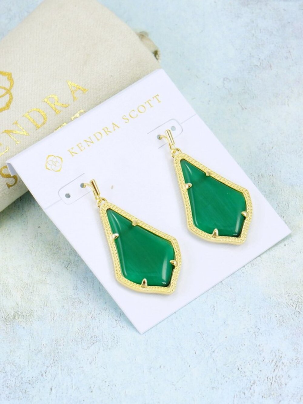 Kendra Scott Alex Cat's Eye Emerald Green earrings Gold Plated - Picture 3 of 6